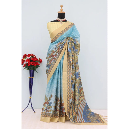 Generic Women's Mysore Silk  Digital Print Saree With Unstitched Blouse 5.5Mtr (Sky Blue)