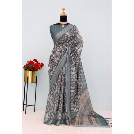 Generic Women's Linen Digital Print Saree With Unstitched Blouse 5.5Mtr (Grey)