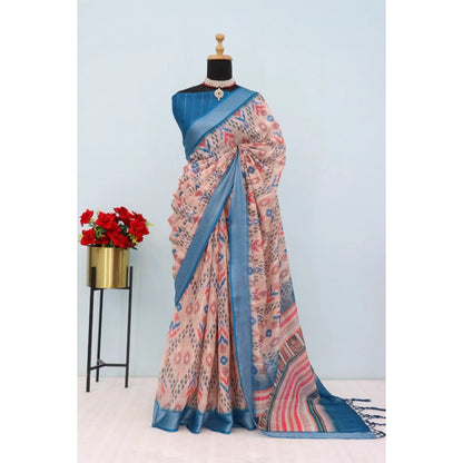 Generic Women's Linen Digital Print Saree With Unstitched Blouse 5.5Mtr (Multicolor)