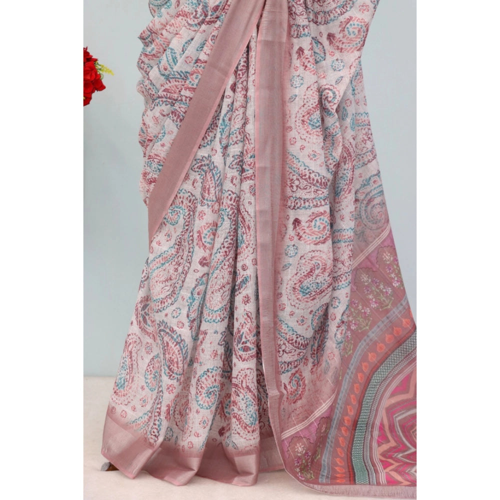 Generic Women's Linen Digital Print Saree With Unstitched Blouse 5.5Mtr (Brown)