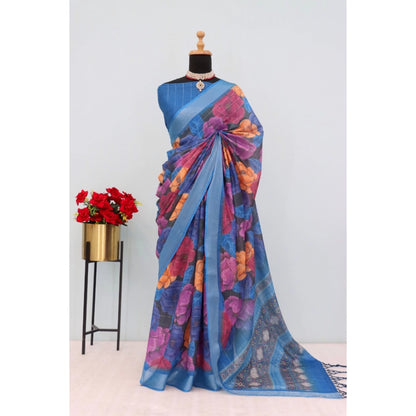 Generic Women's Linen Digital Print Saree With Unstitched Blouse 5.5Mtr (Blue)