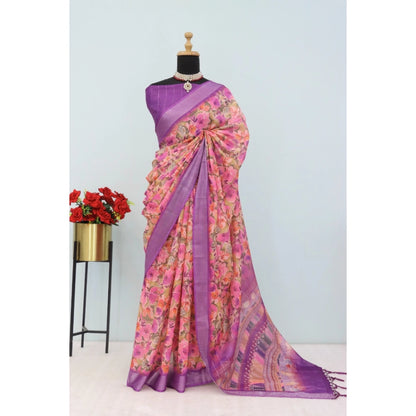 Generic Women's Linen Digital Print Saree With Unstitched Blouse 5.5Mtr (Purple)