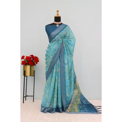 Generic Women's Linen Digital Print Saree With Unstitched Blouse 5.5Mtr (Sky Blue)