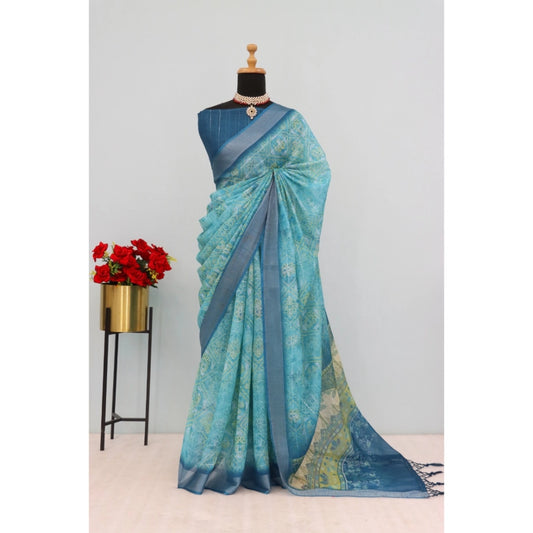 Generic Women's Linen Digital Print Saree With Unstitched Blouse 5.5Mtr (Sky Blue)
