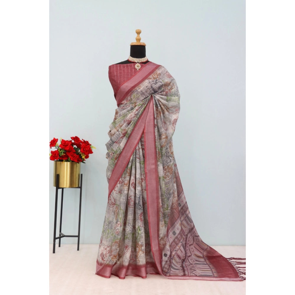 Generic Women's Linen Digital Print Saree With Unstitched Blouse 5.5Mtr (Multicolor)