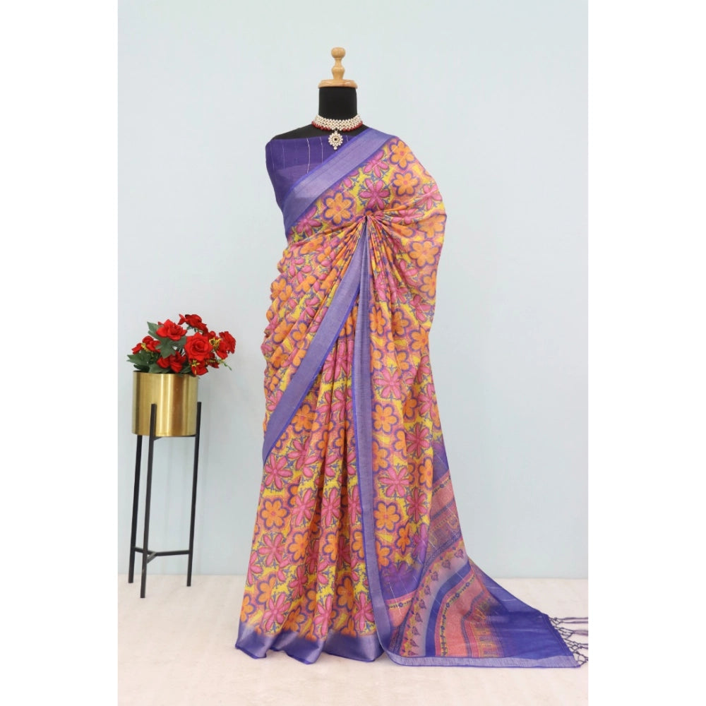 Generic Women's Linen Digital Print Saree With Unstitched Blouse 5.5Mtr (Multicolor)