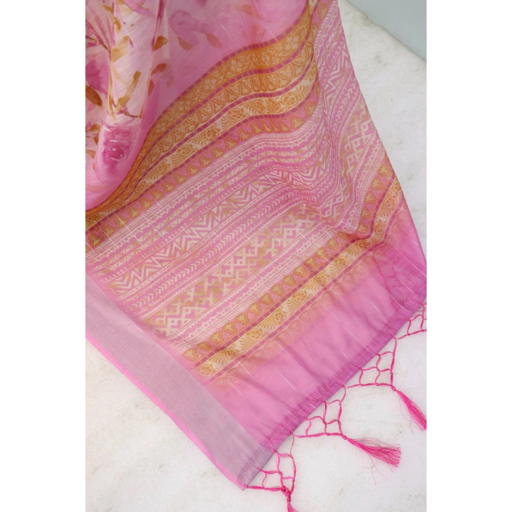 Generic Women's Linen Digital Print Saree With Unstitched Blouse 5.5Mtr (Pink)