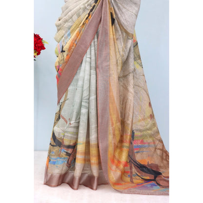 Generic Women's Linen Digital Print Saree With Unstitched Blouse 5.5Mtr (Multicolor)
