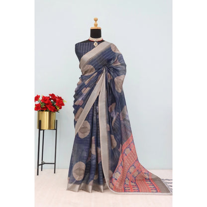 Generic Women's Linen Digital Print Saree With Unstitched Blouse 5.5Mtr (Blue)