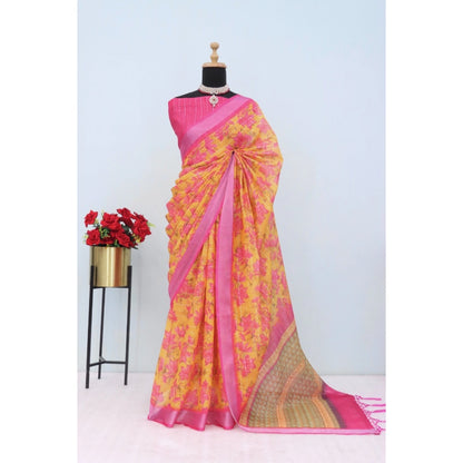 Generic Women's Linen Digital Print Saree With Unstitched Blouse 5.5Mtr (Yellow)