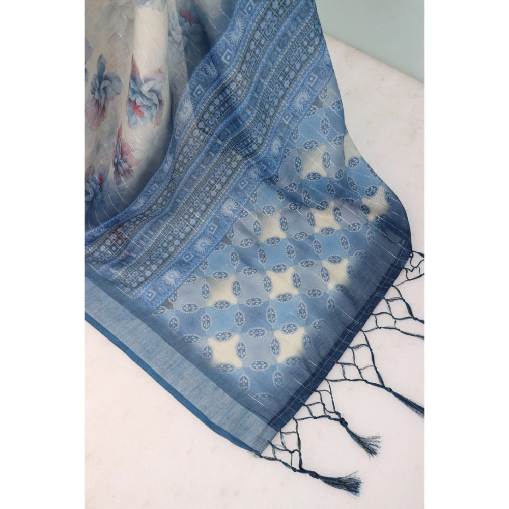 Generic Women's Linen Digital Print Saree With Unstitched Blouse 5.5Mtr (Blue)