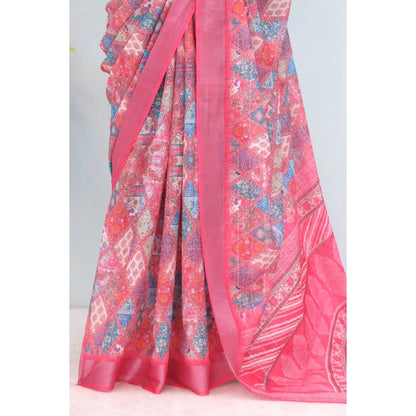 Generic Women's Linen Digital Print Saree With Unstitched Blouse 5.5Mtr (Pink)