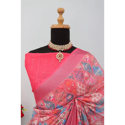 Generic Women's Linen Digital Print Saree With Unstitched Blouse 5.5Mtr (Pink)