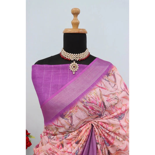 Generic Women's Linen Digital Print Saree With Unstitched Blouse 5.5Mtr (Purple)
