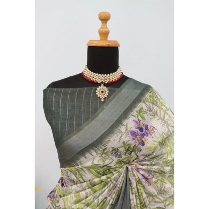 Generic Women's Linen Digital Print Saree With Unstitched Blouse 5.5Mtr (Green)