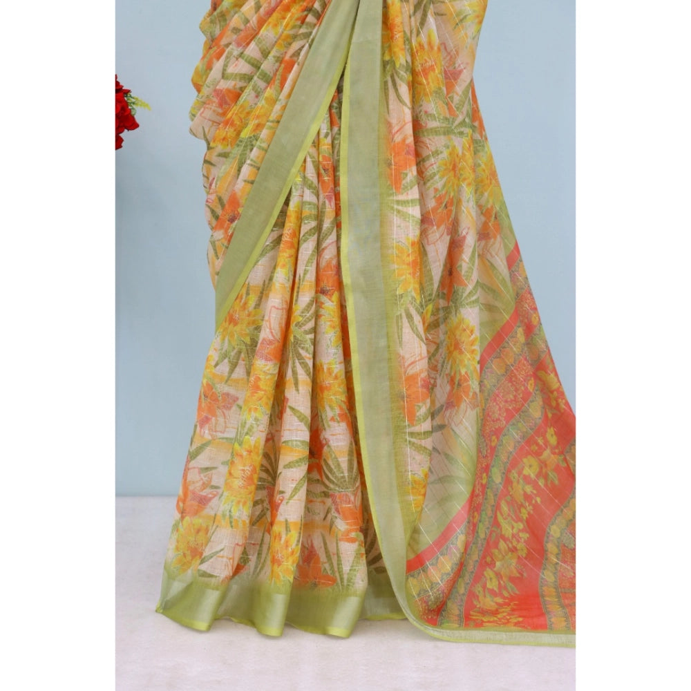 Generic Women's Linen Digital Print Saree With Unstitched Blouse 5.5Mtr (Multicolor)