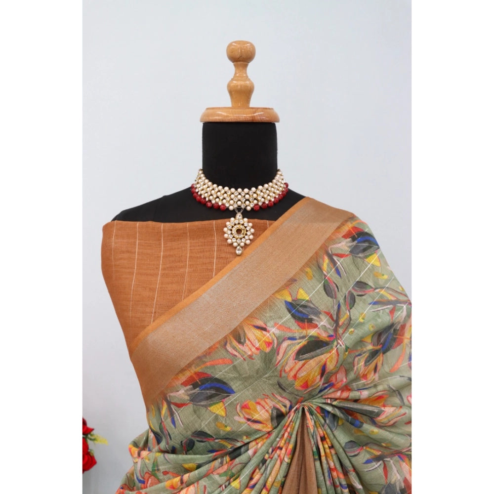 Generic Women's Linen Digital Print Saree With Unstitched Blouse 5.5Mtr (Beige)