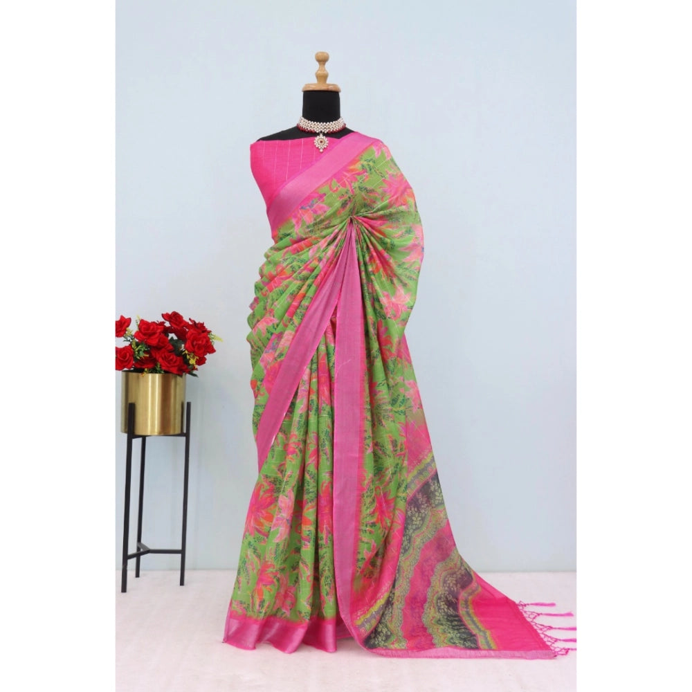 Generic Women's Linen Digital Print Saree With Unstitched Blouse 5.5Mtr (Green)