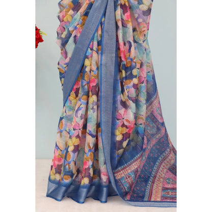 Generic Women's Linen Digital Print Saree With Unstitched Blouse 5.5Mtr (Blue)