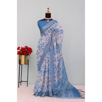 Generic Women's Linen Digital Print Saree With Unstitched Blouse 5.5Mtr (Blue)