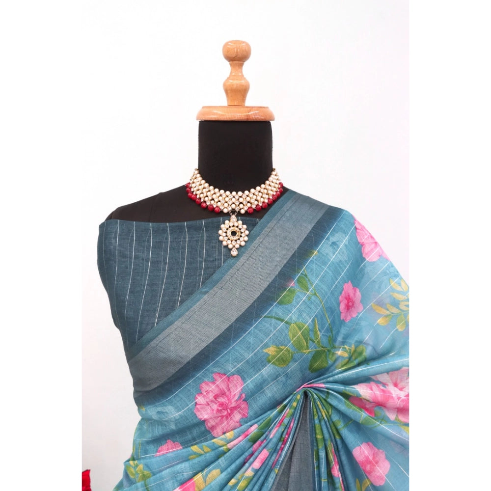 Generic Women's Linen Digital Print Saree With Unstitched Blouse 5.5Mtr (Green)