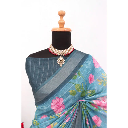 Generic Women's Linen Digital Print Saree With Unstitched Blouse 5.5Mtr (Green)