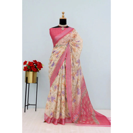 Generic Women's Linen Digital Print Saree With Unstitched Blouse 5.5Mtr (Pink)