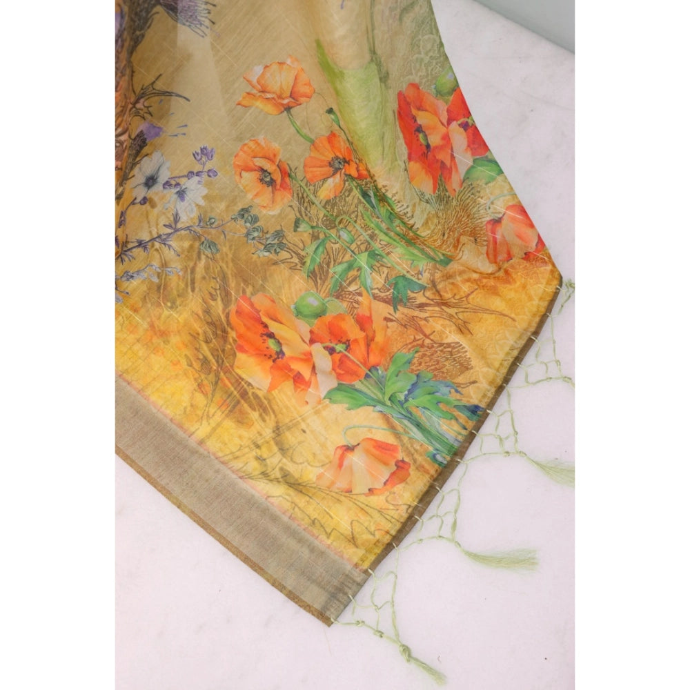 Generic Women's Linen Digital Print Saree With Unstitched Blouse 5.5Mtr (Multicolor)