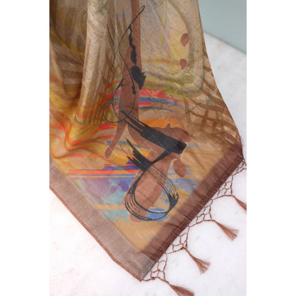 Generic Women's Linen Digital Print Saree With Unstitched Blouse 5.5Mtr (Multicolor)