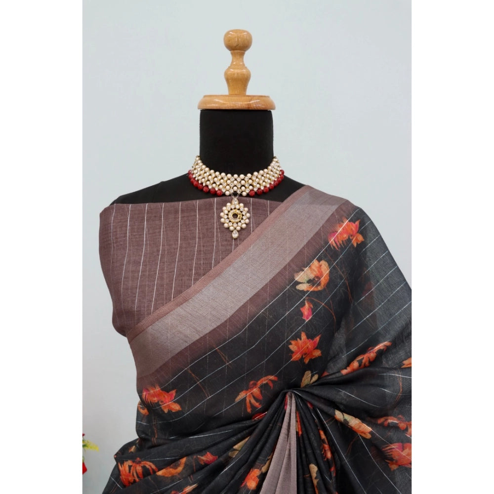 Generic Women's Linen Digital Print Saree With Unstitched Blouse 5.5Mtr (Black)
