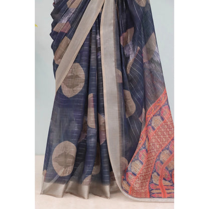 Generic Women's Linen Digital Print Saree With Unstitched Blouse 5.5Mtr (Blue)