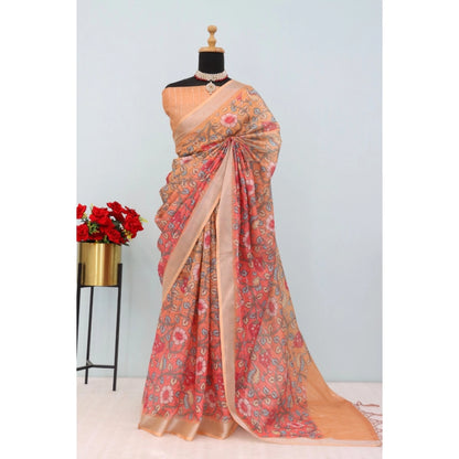Generic Women's Linen Digital Print Saree With Unstitched Blouse 5.5Mtr (Orange)