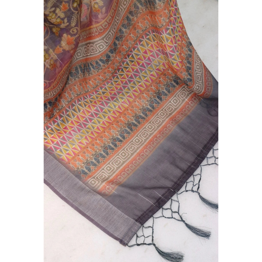 Generic Women's Linen Digital Print Saree With Unstitched Blouse 5.5Mtr (Grey)