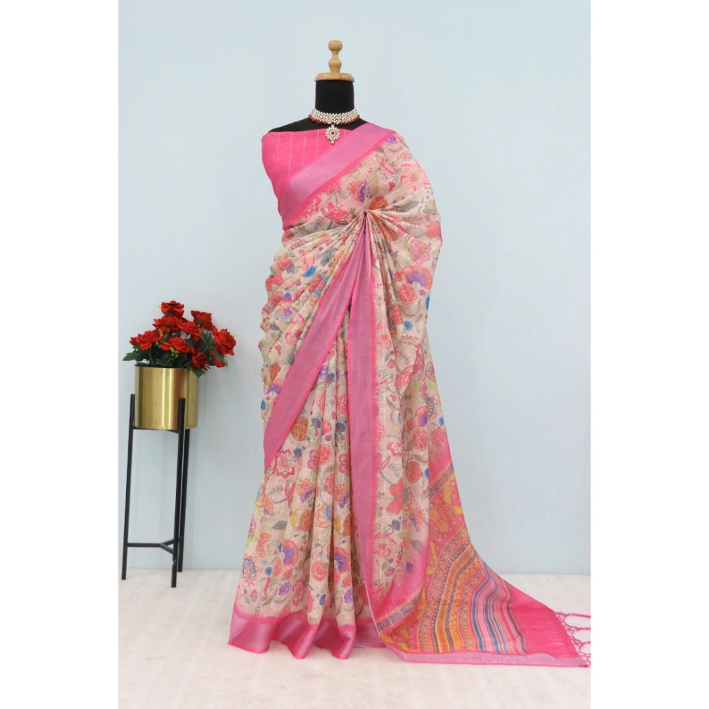 Generic Women's Linen Digital Print Saree With Unstitched Blouse 5.5Mtr (Pink)
