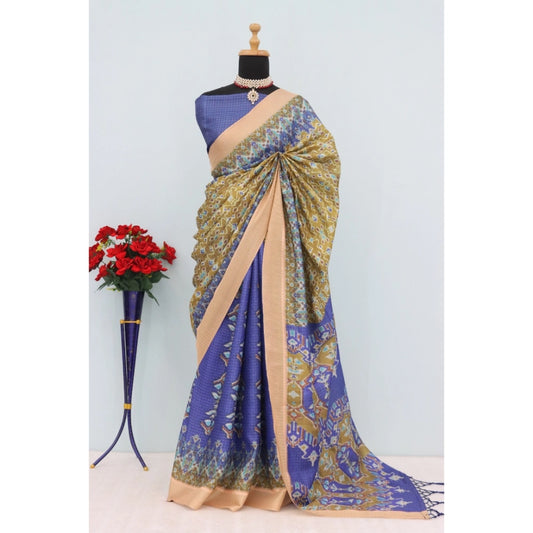 Generic Women's Mysore Silk  Digital Print Saree With Unstitched Blouse 5.5Mtr (Blue)
