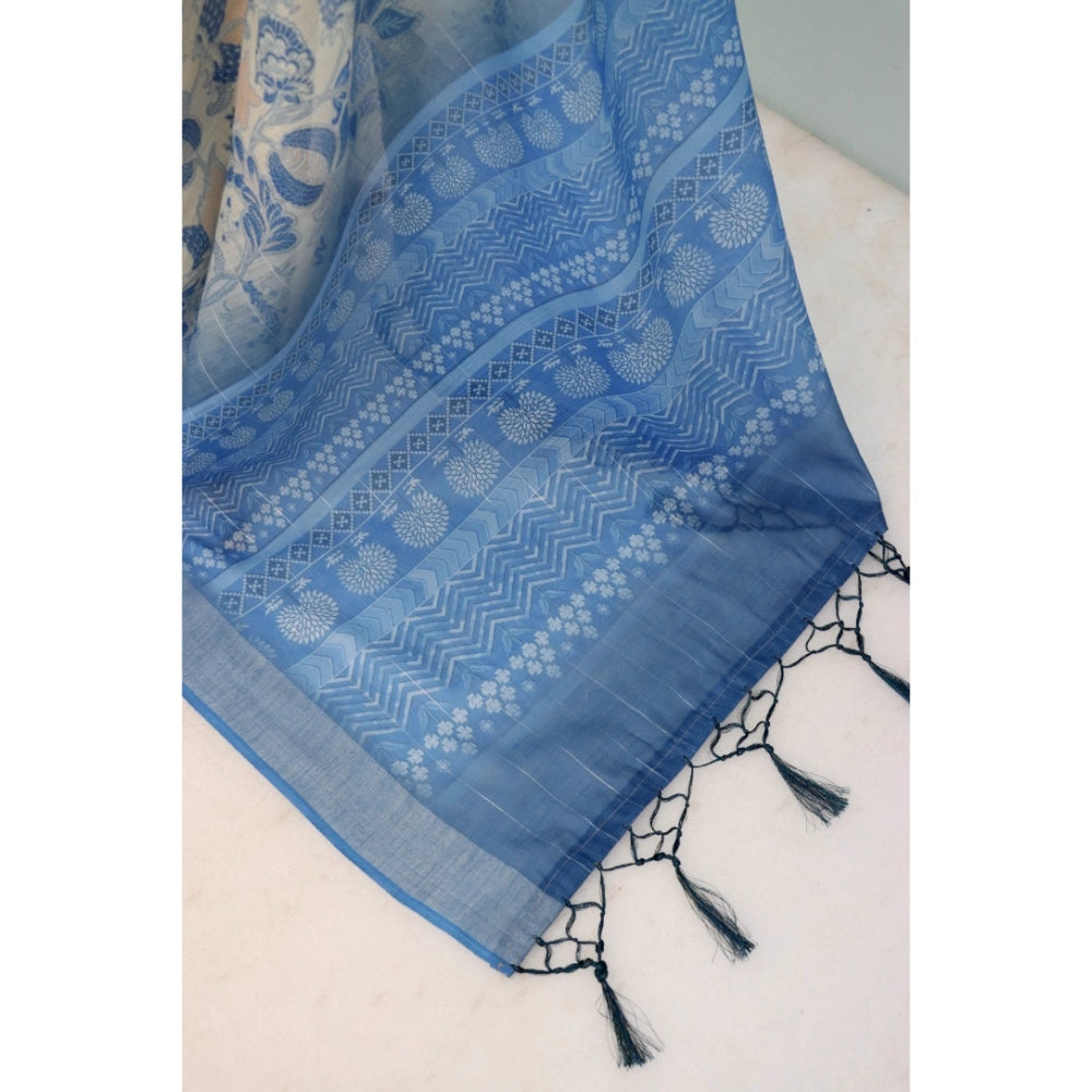 Generic Women's Linen Digital Print Saree With Unstitched Blouse 5.5Mtr (Blue)
