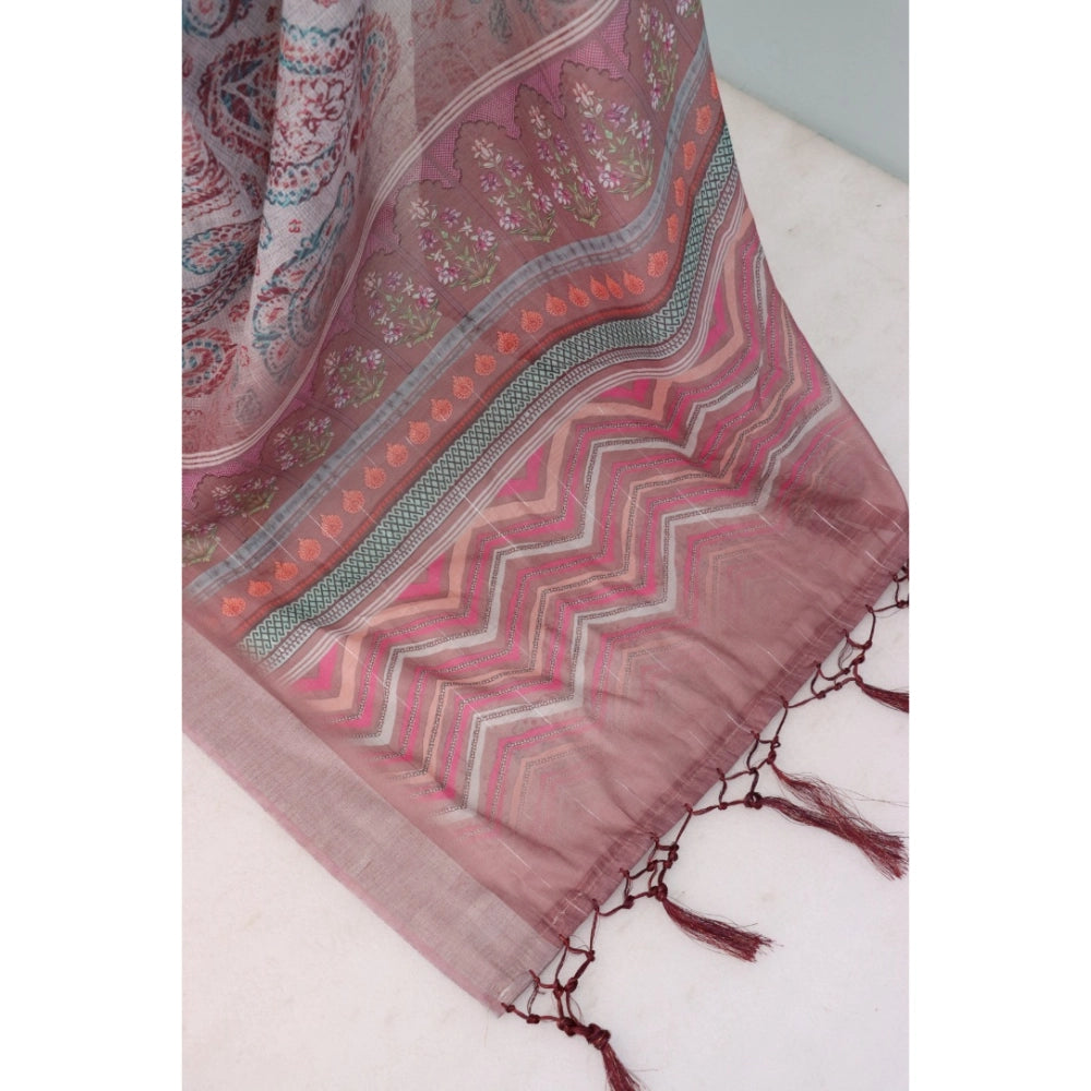 Generic Women's Linen Digital Print Saree With Unstitched Blouse 5.5Mtr (Brown)