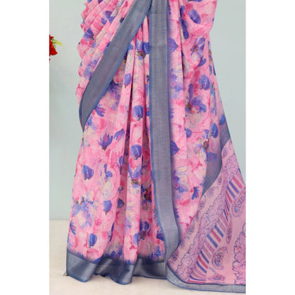Generic Women's Linen Digital Print Saree With Unstitched Blouse 5.5Mtr (Multicolor)