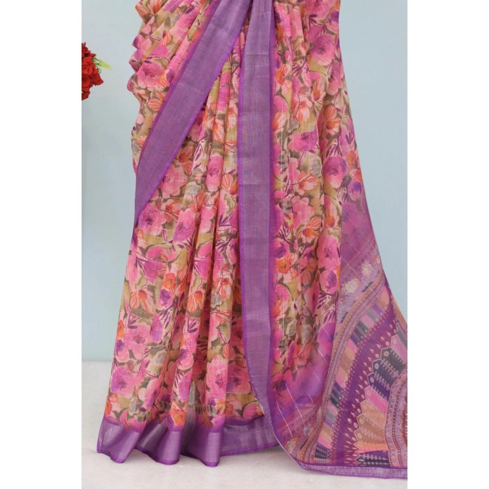 Generic Women's Linen Digital Print Saree With Unstitched Blouse 5.5Mtr (Purple)