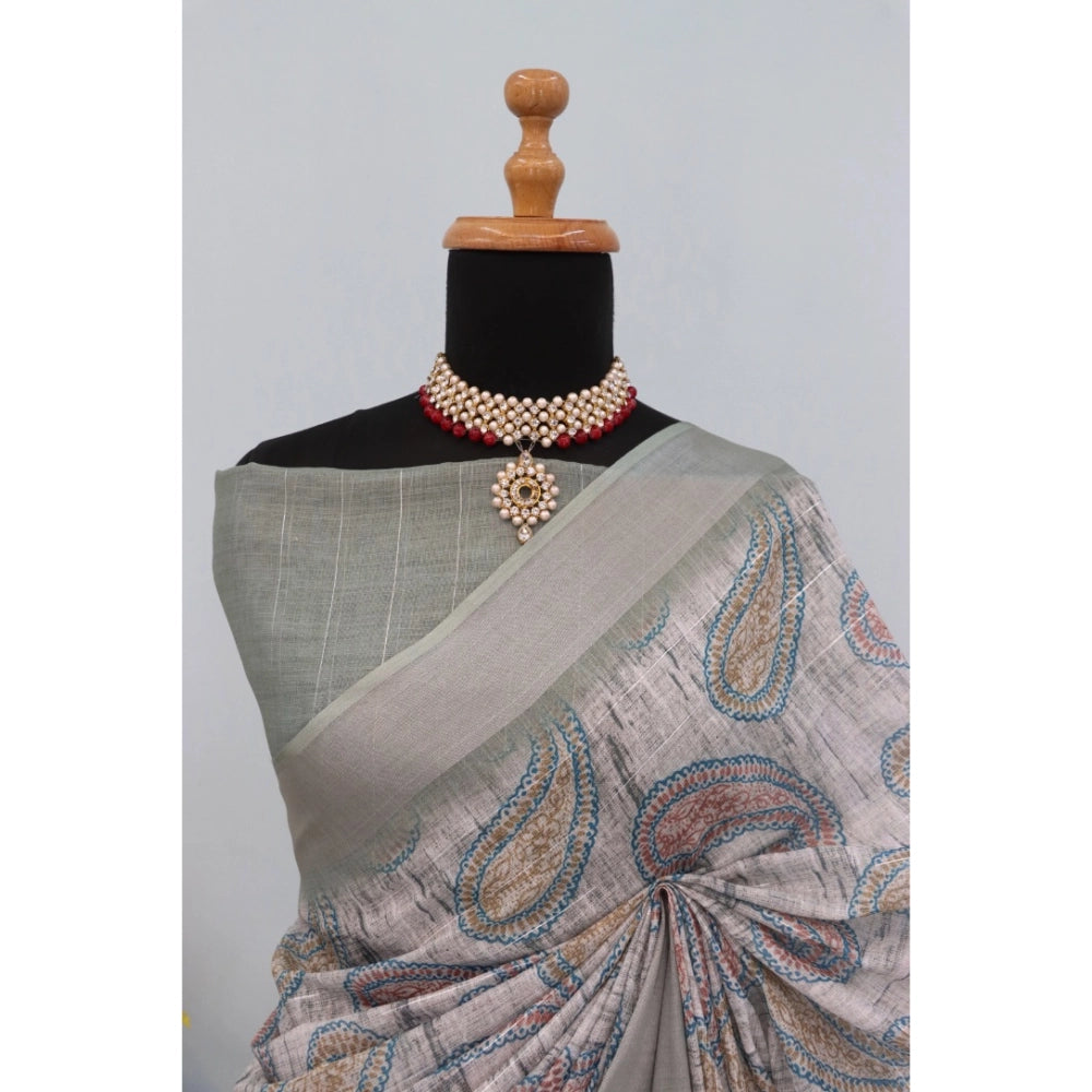 Generic Women's Linen Digital Print Saree With Unstitched Blouse 5.5Mtr (Grey)
