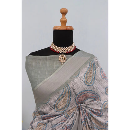 Generic Women's Linen Digital Print Saree With Unstitched Blouse 5.5Mtr (Grey)
