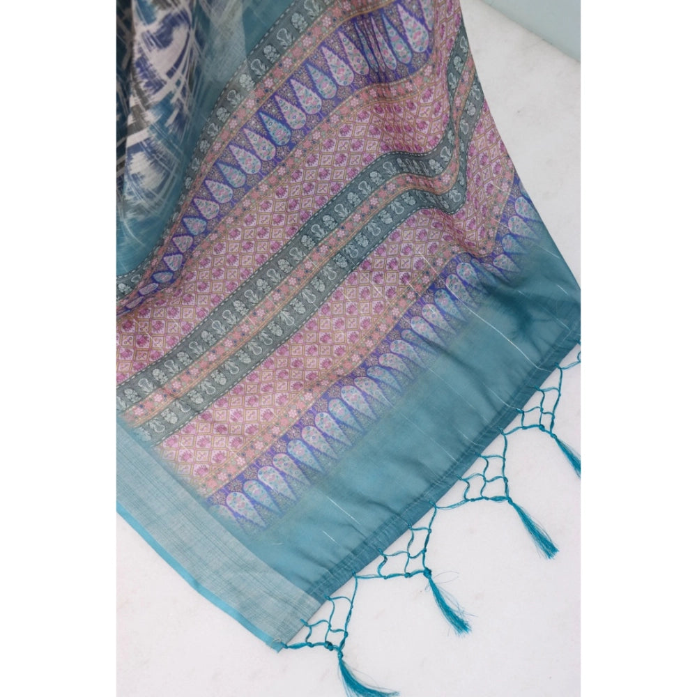 Generic Women's Linen Digital Print Saree With Unstitched Blouse 5.5Mtr (Green)