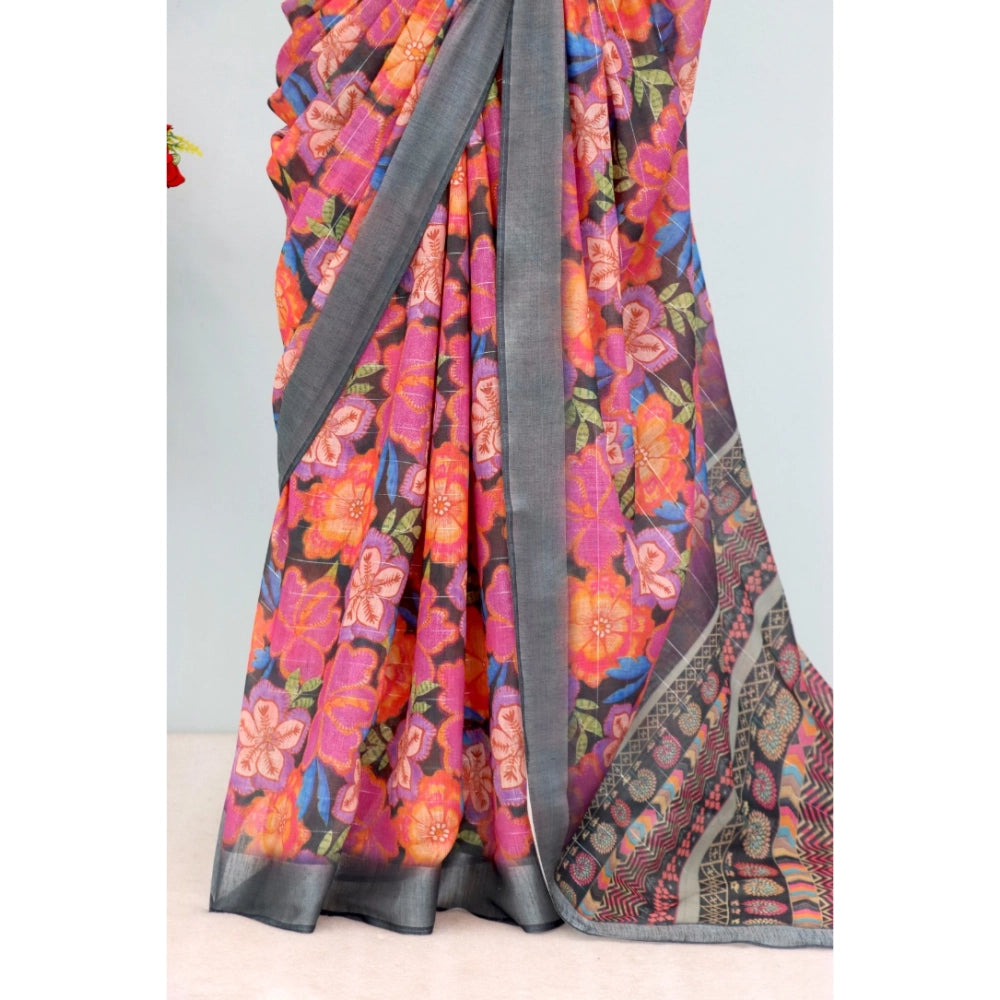 Generic Women's Linen Digital Print Saree With Unstitched Blouse 5.5Mtr (Grey)