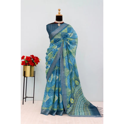 Generic Women's Linen Digital Print Saree With Unstitched Blouse 5.5Mtr (Green)