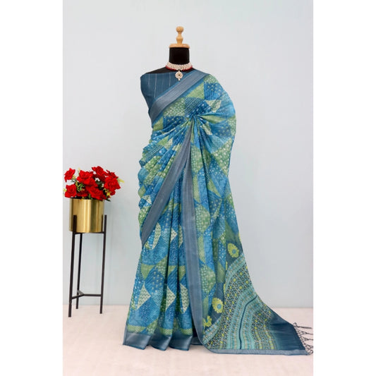 Generic Women's Linen Digital Print Saree With Unstitched Blouse 5.5Mtr (Green)