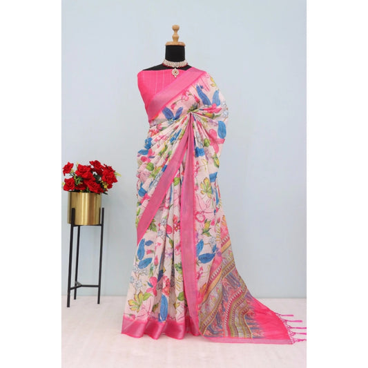 Generic Women's Linen Digital Print Saree With Unstitched Blouse 5.5Mtr (pink)