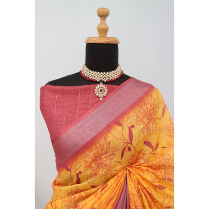 Generic Women's Linen Digital Print Saree With Unstitched Blouse 5.5Mtr (Mustard)