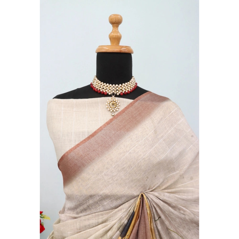 Generic Women's Linen Digital Print Saree With Unstitched Blouse 5.5Mtr (Multicolor)