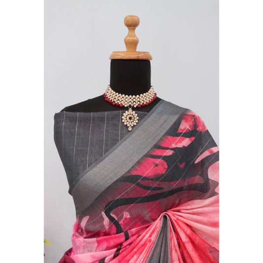Generic Women's Linen Digital Print Saree With Unstitched Blouse 5.5Mtr (Pink)