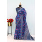 Generic Women's Linen Digital Print Saree With Unstitched Blouse 5.5Mtr (Blue)